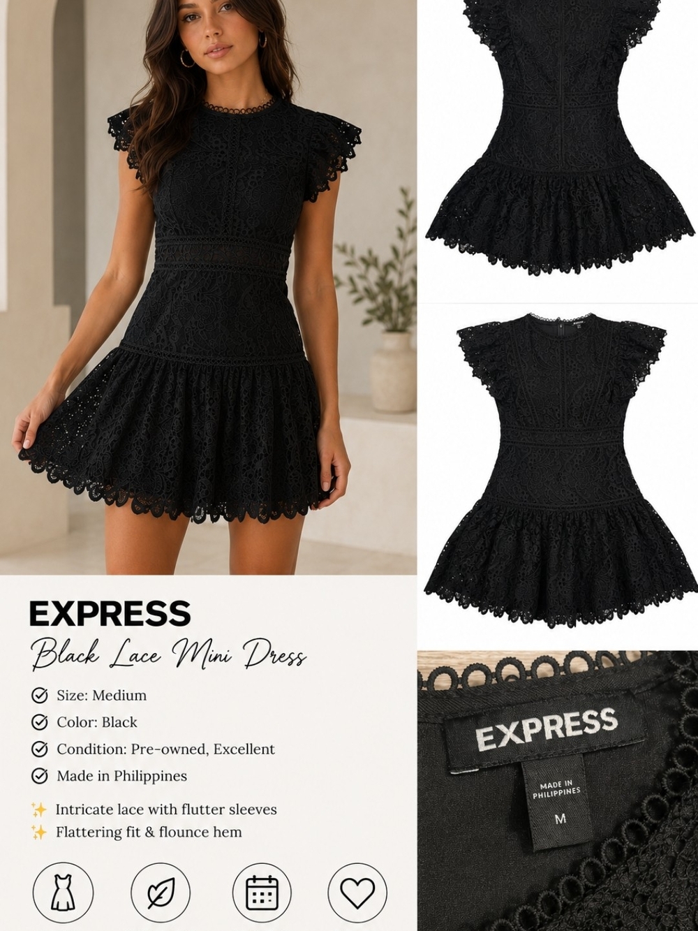 Express Black Lace Mini Dress Medium Romantic Gothic Coquette Flutter Sleeve